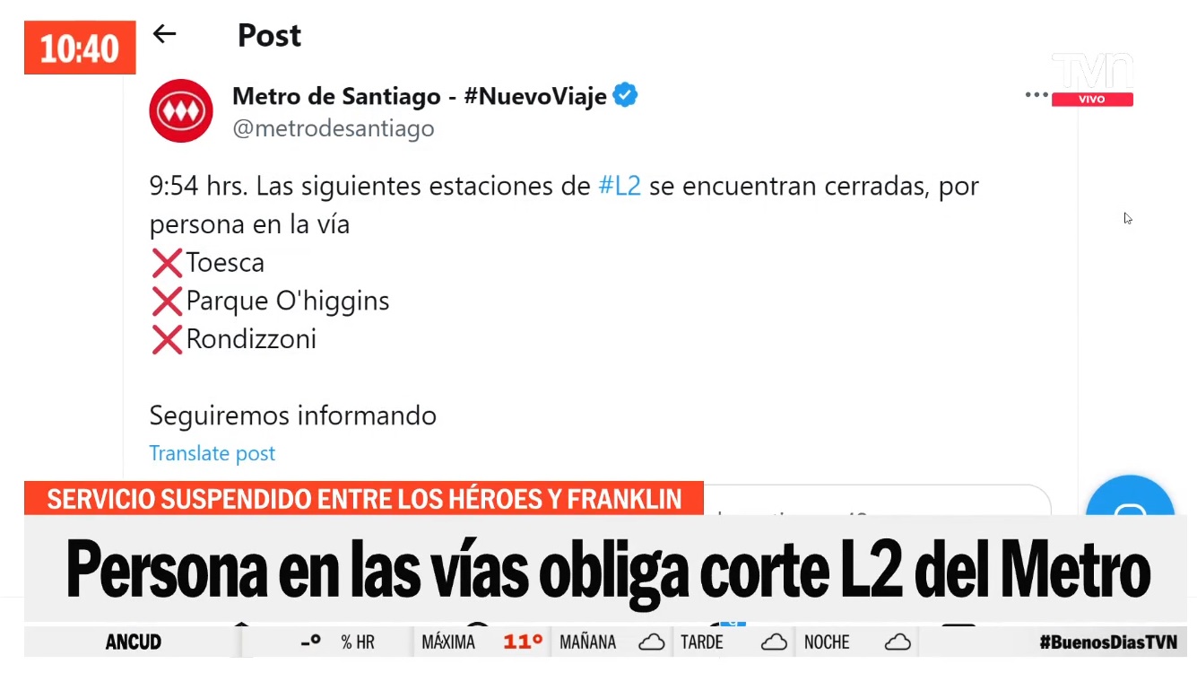 Carabineros confirma fallecimiento de persona, tras arrojarse a las vías del tren subterráneo en la Línea 2