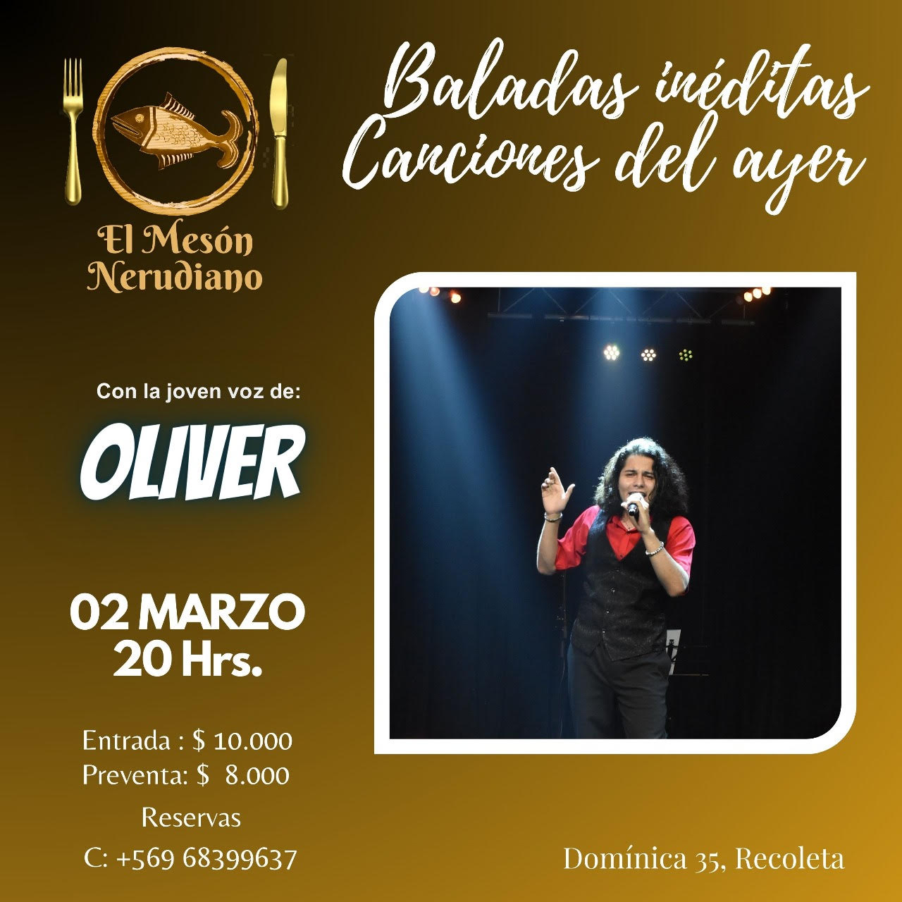 Cantante nacional Oliver se presenta este fin de semana en el Mesón Nerudiano en barrio Bellavista