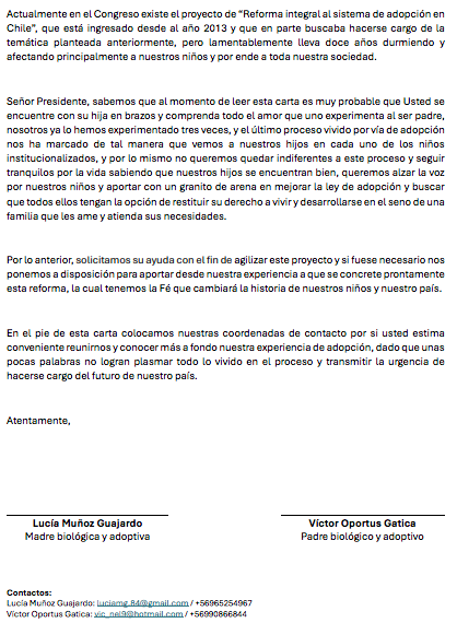 Crisis en el sistema de adopción: Entregan carta al Presidente