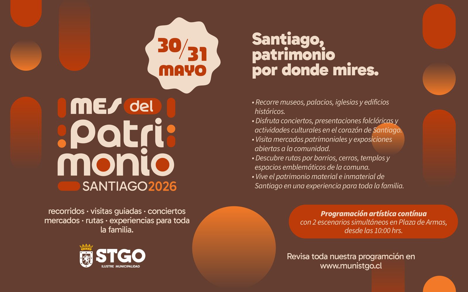 Más de 70 panoramas gratuitos darán vida al Día de los Patrimonios 2026 en Santiago