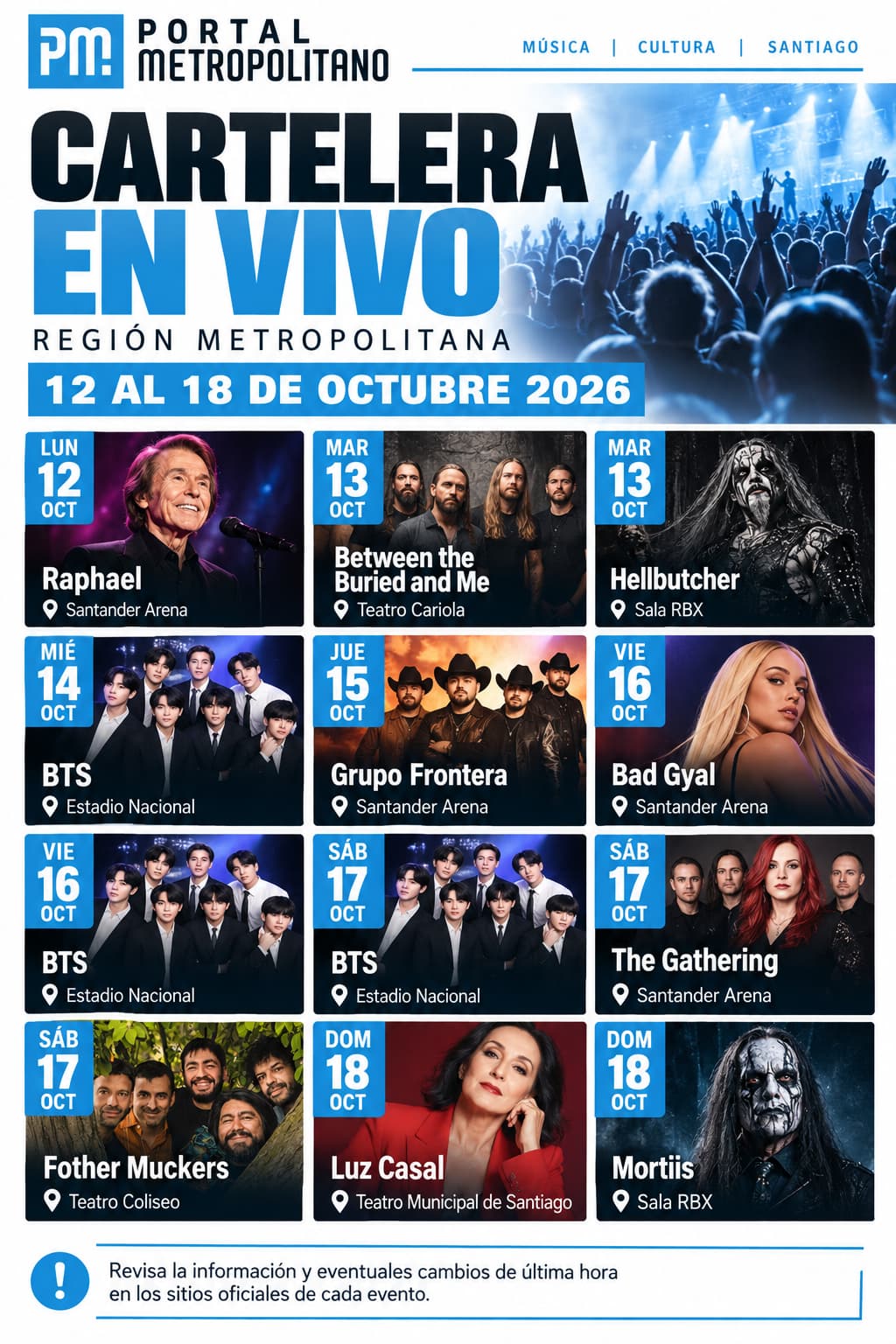 BTS, Raphael, Grupo Frontera y The Gathering encabezan cartelera de conciertos de esta semana en Santiago